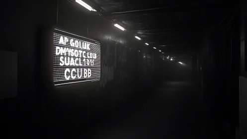 Dark underground corridor with bright glitchy sign.