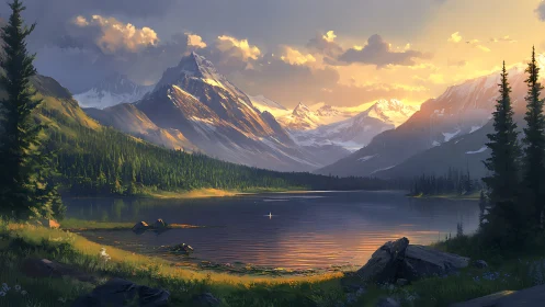 Sunlit alpine lake below snow peaks at golden hour.