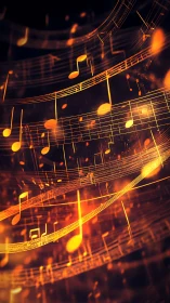 Curved orange musical staves and notes form layered bands