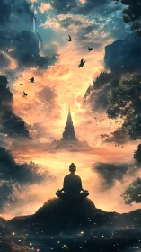 Calm sunrise meditation over a dreamlike temple valley.