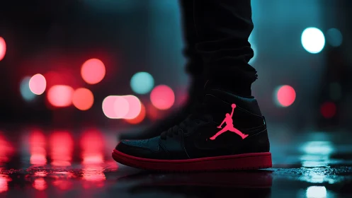 Urban sneaker close-up shows reflective wet pavement at night