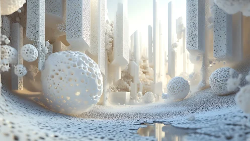 Parametric white fractal spheres in volumetric-lit canyon environment