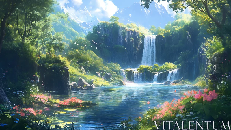 Lush alpine valley frames cascading multi-tier waterfall pool