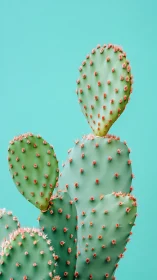 Prickly pear cactus pads glow against bright turquoise backdrop.