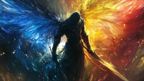 Hooded angelic warrior with blue and gold fiery wings.