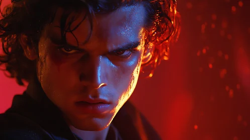 Storm-lit avenger glares through molten shadows and flame.