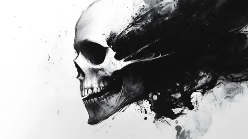 Skull dissolves into swirling black ink on stark white