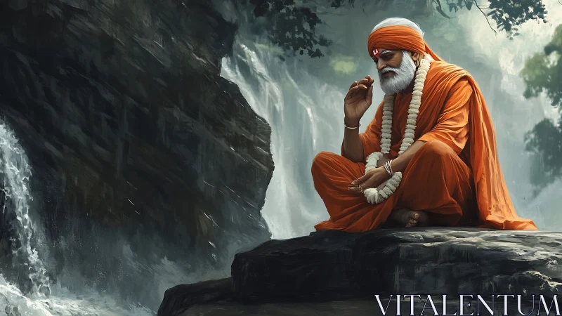 Meditating sage in orange robes beside powerful waterfall.