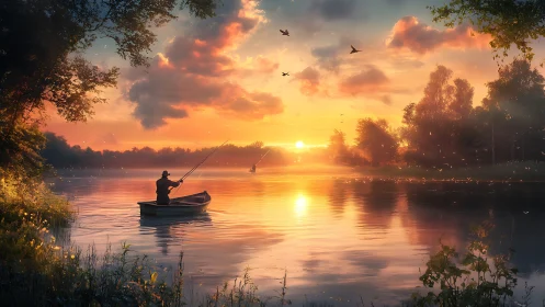 Fisherman in small boat on calm river at vivid sunset