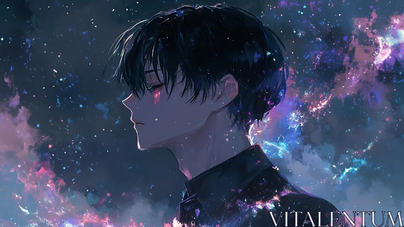 Stellar-lit anime profile portrait isolates figure in cosmic nebula field