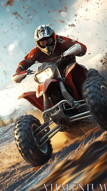 Off-road quad bike rider on wet dirt track in motion.