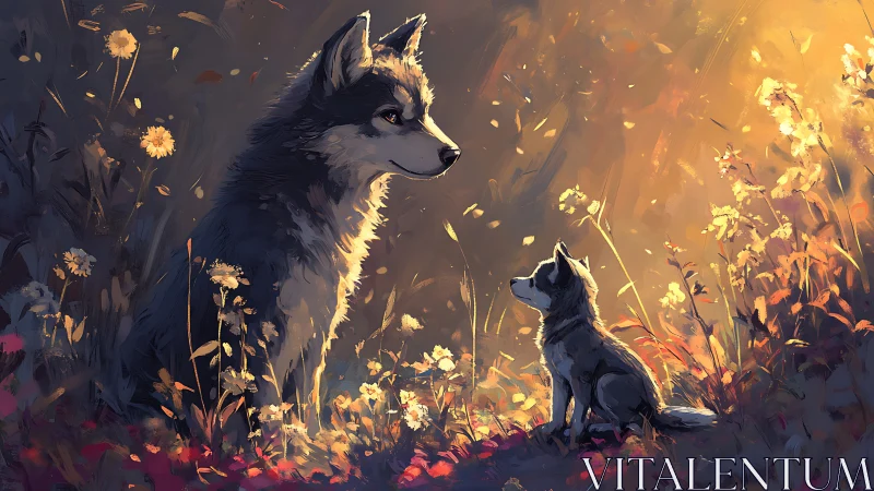Gentle wolf parent and pup sharing sunset meadow magic.