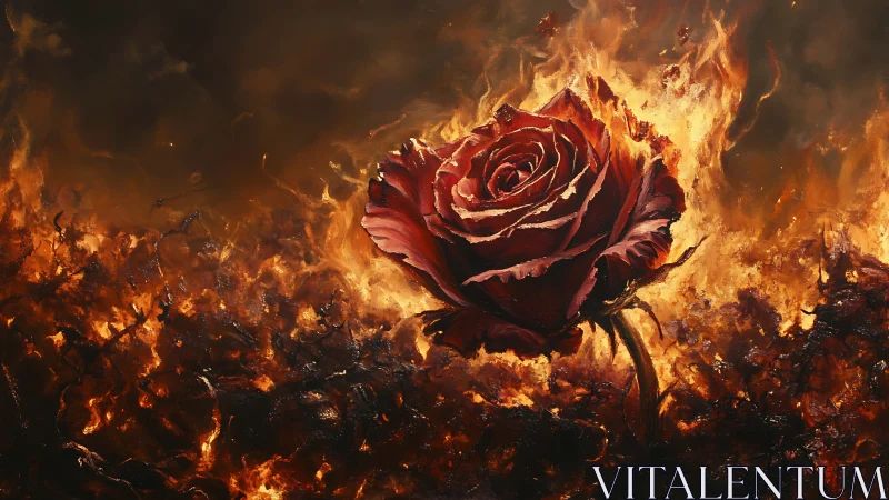 Red rose engulfed in apocalyptic flames and inferno.