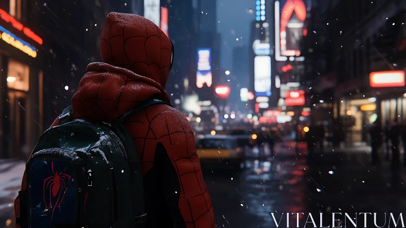 Hooded costumed figure on wet city street at nightfall.