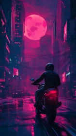 Lone biker rides under neon moon through futuristic city.