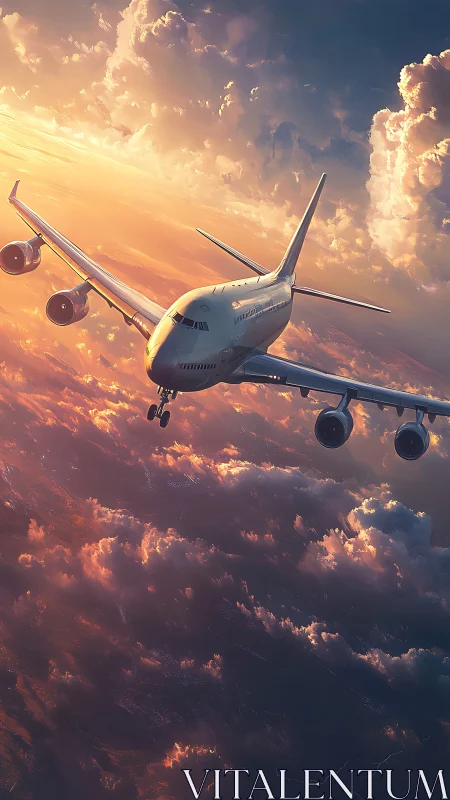 Sunlit passenger jet glides confidently through glowing clouds