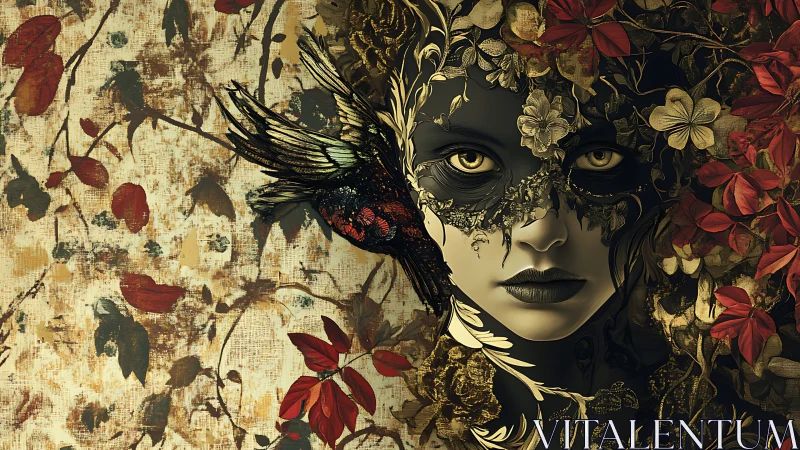 Digital painting portrait with baroque botanical mask detail.