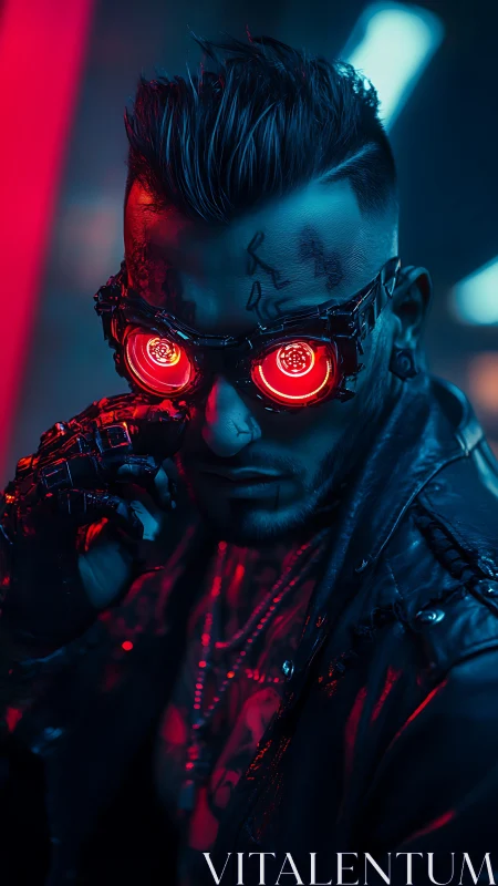 Neon-lit cyberpunk operative with augmented red optic implants