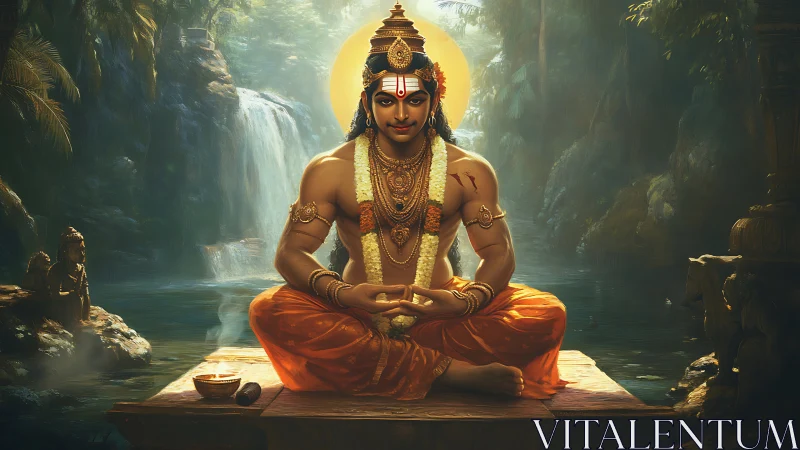 Forest yogi glows in golden stillness beside sacred waterfall.