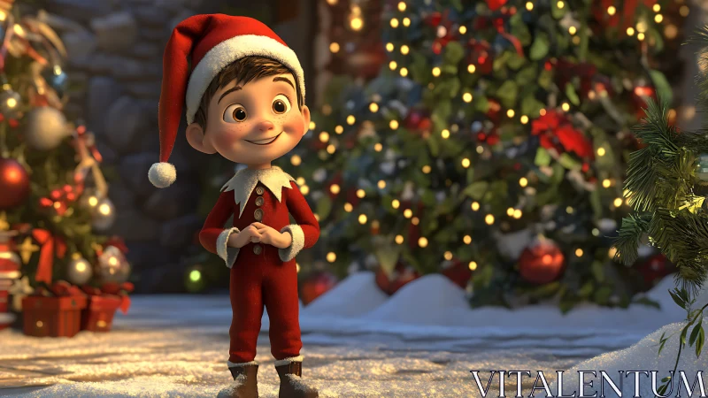 3D stylized Christmas elf child stands before glowing tree