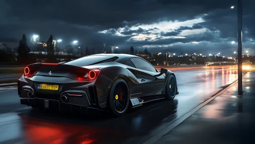 Black supercar racing along wet city highway at dusk.