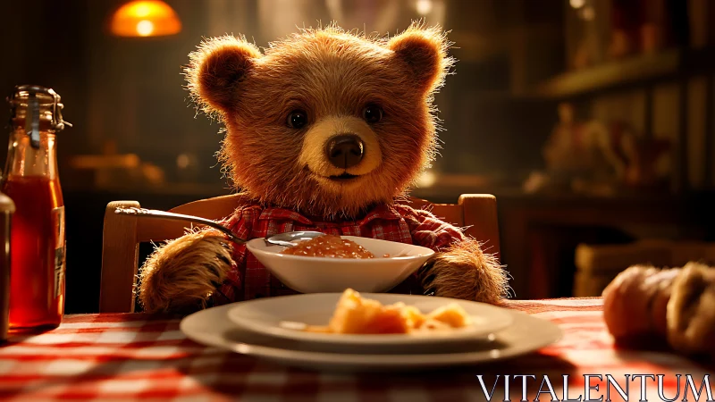 Cozy teddy bear savors warm porridge in rustic lamplight.