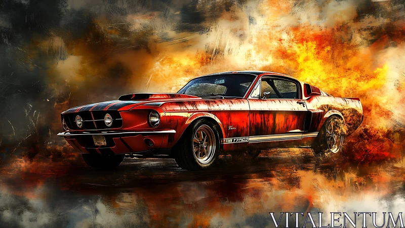 Muscle car digital painting amid blazing abstract flames.
