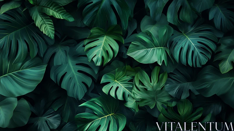 Lush tropical leaves wrapping you in deep green calm.