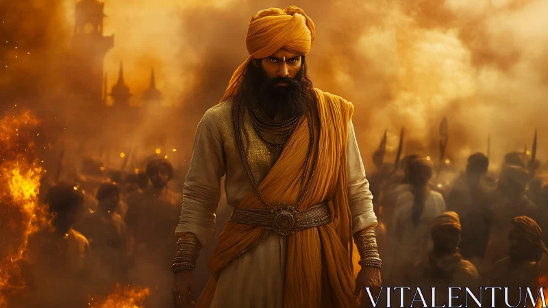 Fiery warrior in saffron robes strides through smoky battlefield