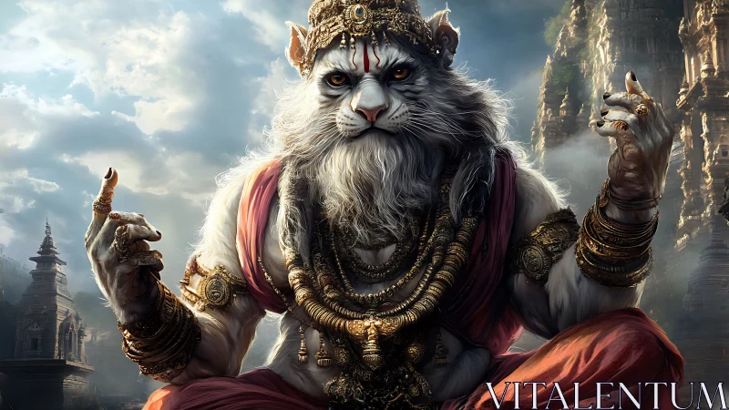 Mythic tiger deity in ornate temple environment, digital painting.