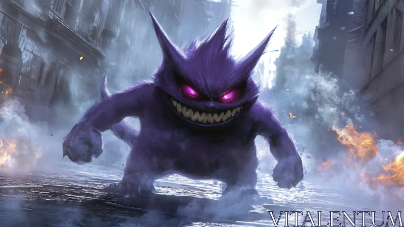 Menacing purple creature storms misty burning alleyway.