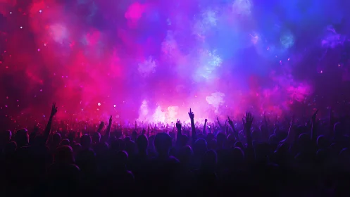 Dense concert crowd under magenta cyan volumetric stage haze