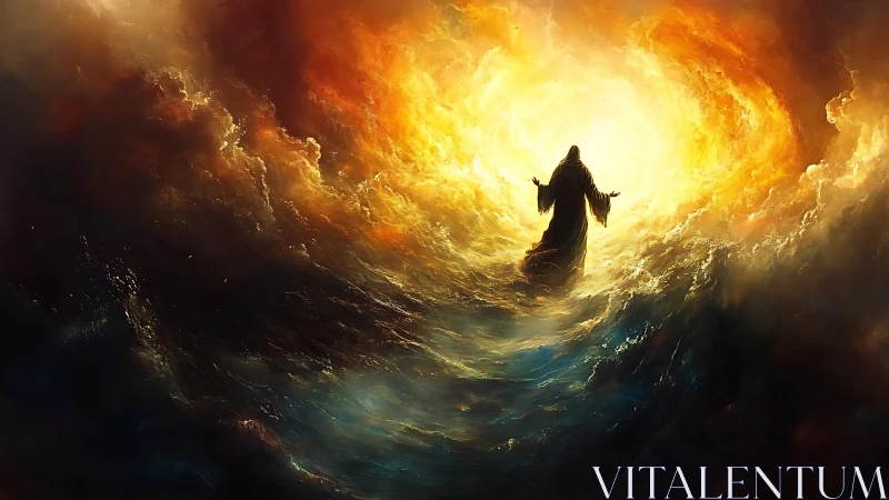 Robed figure before luminous vortex over turbulent sea.