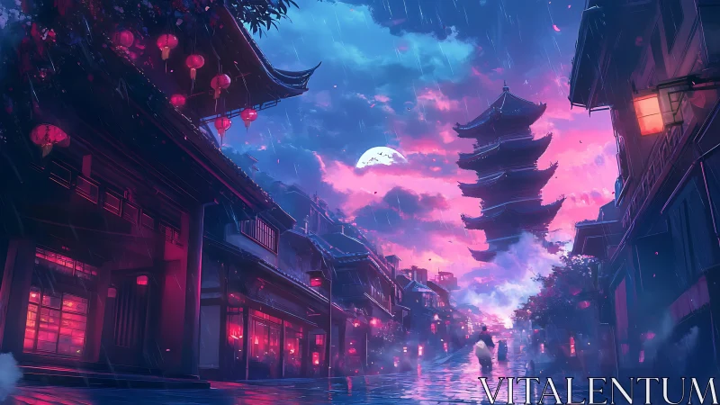 Neon lit pagoda street under rain with twilight sky scene.