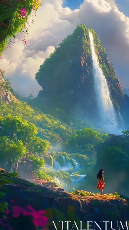 Woman on cliff facing towering mountain waterfall landscape.