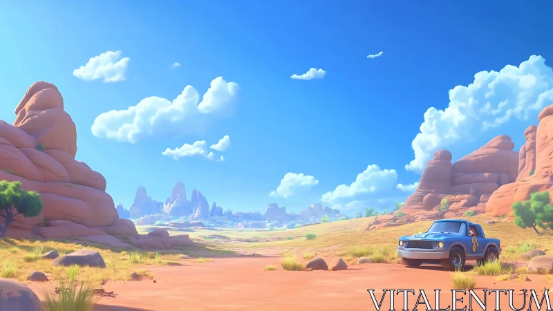 Desert pickup truck under vivid midday sky in stylized canyon.