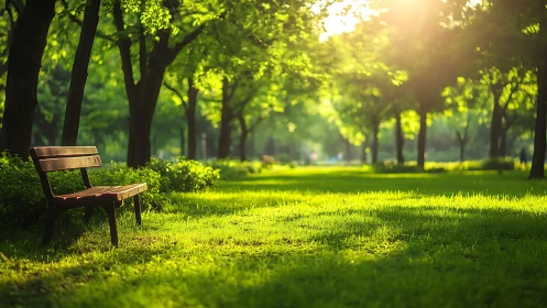 Wooden park bench stands in a sunlit, tree-lined lawn