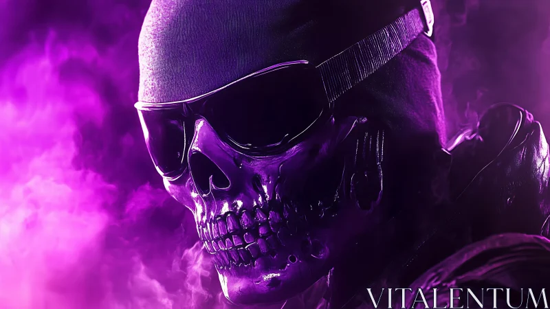Purple illuminated skull figure with hood and sunglasses.