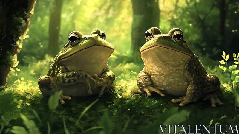 Sunlit forest frogs sharing a quiet mossy morning together.