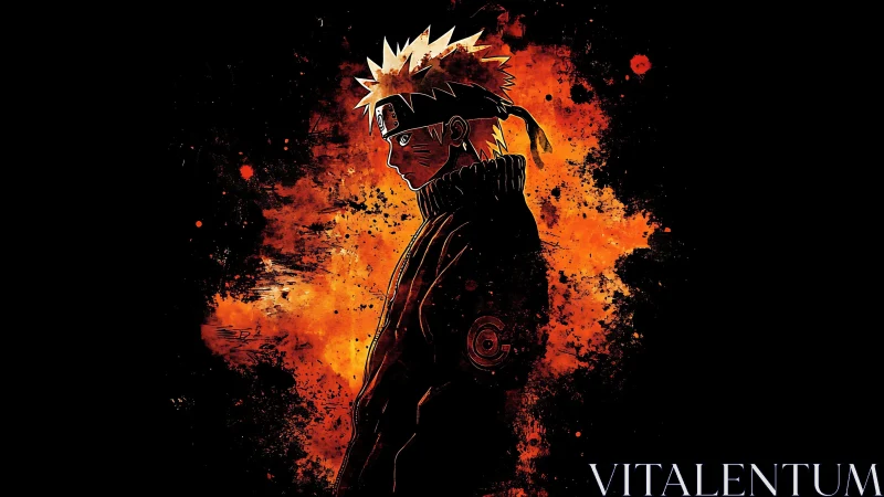 Side-lit ninja silhouette against explosive orange splatter field