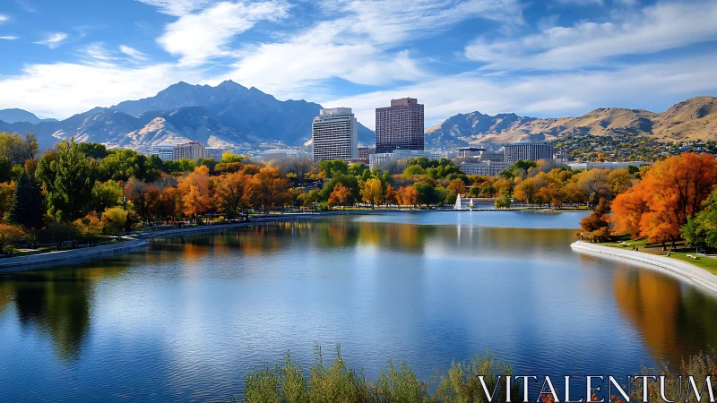 Mountain city skyline reflects on calm autumn lake