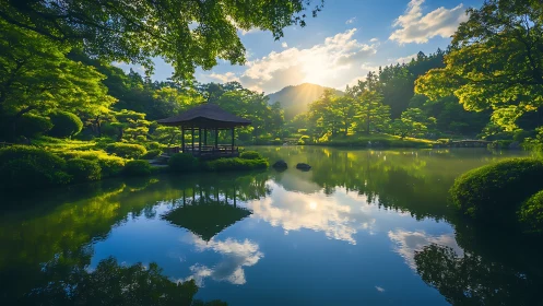 Sunlit Japanese garden pavilion with mirrored lakeside reflections.