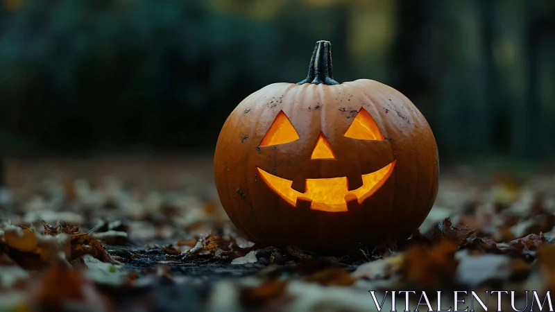 Photorealistic jack-o-lantern on forest floor at dusk.