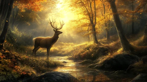 Majestic stag in autumn forest bathed in golden sunlight, digital art.