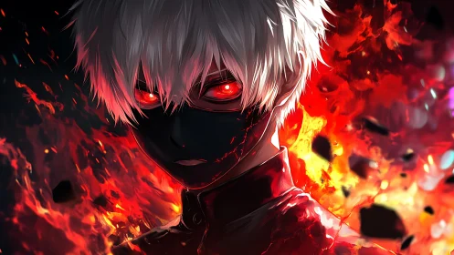 Masked white-haired antihero framed by eruptive crimson flames