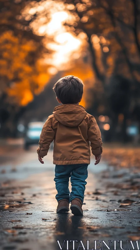 Child Walking Alone in Autumn Street at Golden Hour