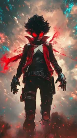 Hooded figure with red visor in glowing abstract clouds.