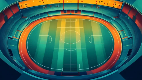 Color-blocked stylized stadium with central sports field.