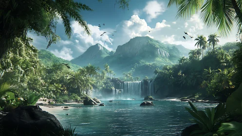 Emerald Paradise: Cascading Waterfalls Through Mythical Jungle Realm.