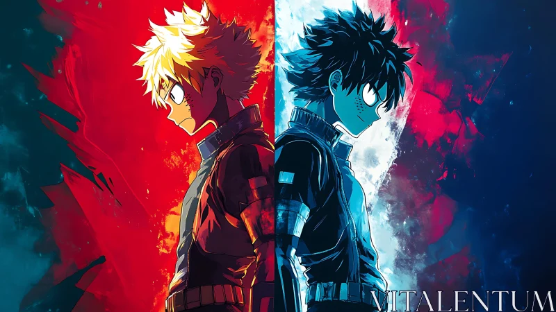 Dual anime heroes stand divided by red and blue energy